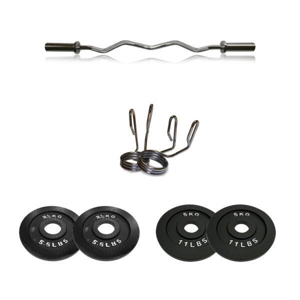 Body Power Olympic EZ Curl Bar with Olympic Spring Collars & 15kg Olympic Weight Plate Set