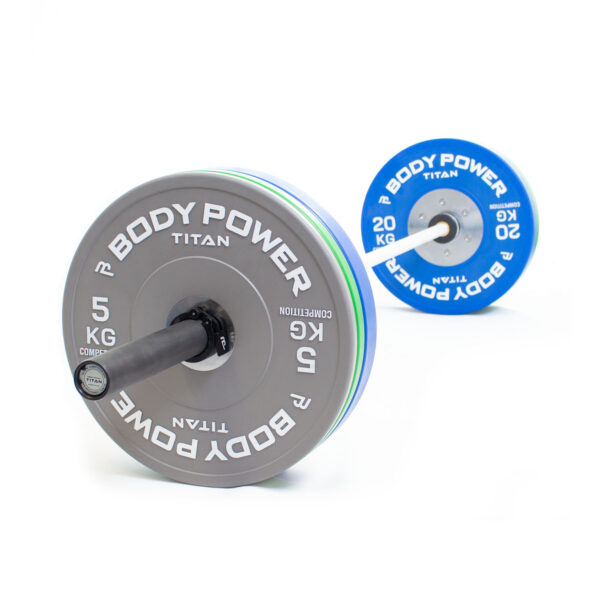 Body Power TITAN 90kg Competition Bumper Plate Set with Competition Teflon Barbell in White