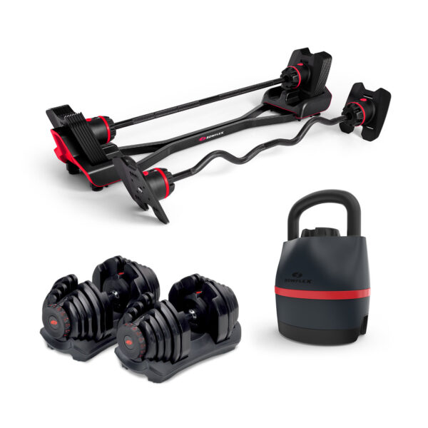 Bowflex SelectTech 840 Kettlebell, SelectTech 2080 Barbell with Curl Bar and 4-41kg SelectTech 1090i Dumbbells (pair)